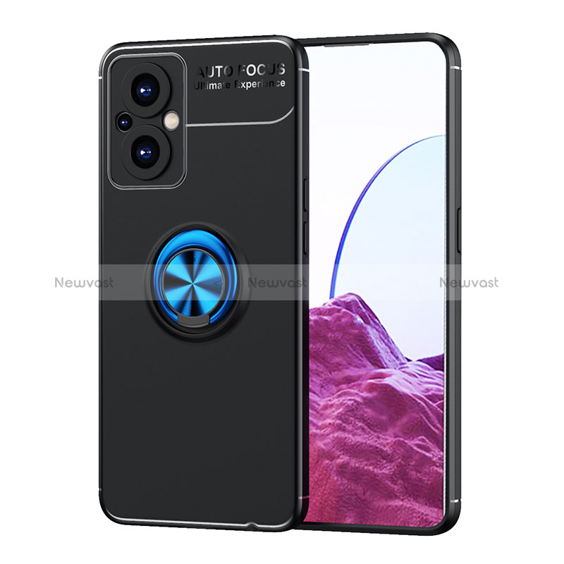 Ultra-thin Silicone Gel Soft Case Cover with Magnetic Finger Ring Stand JM1 for Oppo Reno7 Z 5G Blue and Black