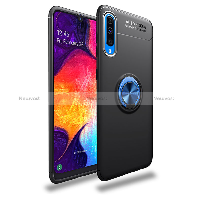 Ultra-thin Silicone Gel Soft Case Cover with Magnetic Finger Ring Stand JM1 for Samsung Galaxy A50 Blue and Black