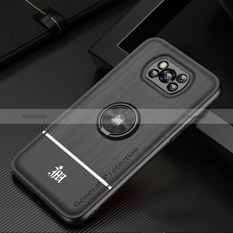 Ultra-thin Silicone Gel Soft Case Cover with Magnetic Finger Ring Stand JM1 for Xiaomi Poco X3 NFC Black