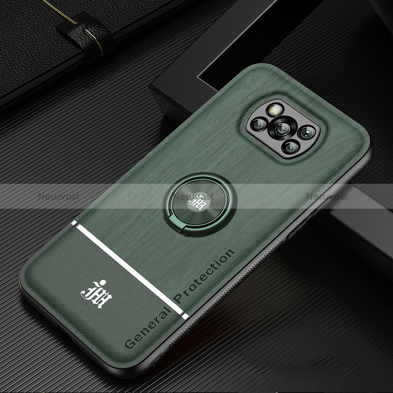 Ultra-thin Silicone Gel Soft Case Cover with Magnetic Finger Ring Stand JM1 for Xiaomi Poco X3 NFC Green