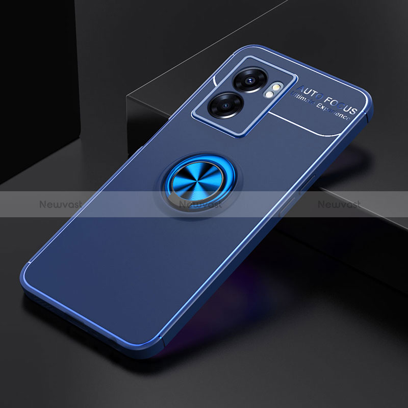 Ultra-thin Silicone Gel Soft Case Cover with Magnetic Finger Ring Stand JM2 for Oppo A56S 5G Blue