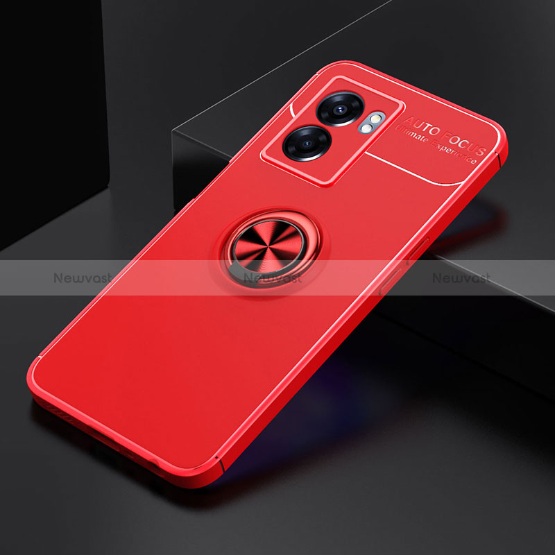 Ultra-thin Silicone Gel Soft Case Cover with Magnetic Finger Ring Stand JM2 for Oppo A56S 5G Red