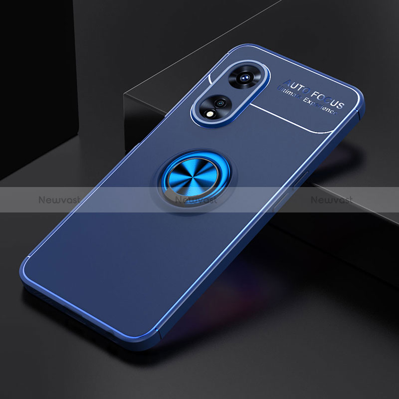 Ultra-thin Silicone Gel Soft Case Cover with Magnetic Finger Ring Stand JM2 for Oppo A58 5G Blue