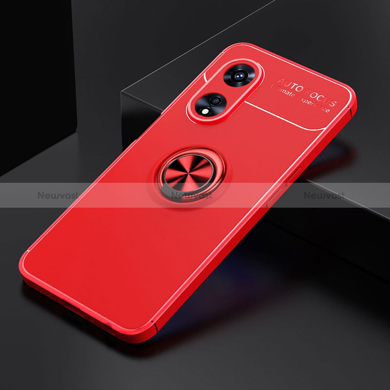 Ultra-thin Silicone Gel Soft Case Cover with Magnetic Finger Ring Stand JM2 for Oppo A58x 5G Red