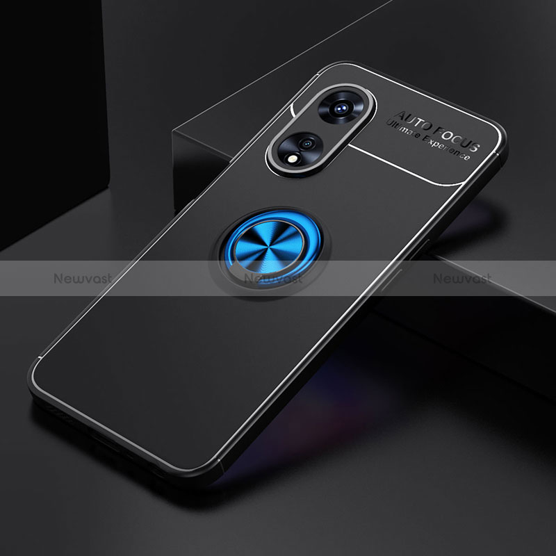 Ultra-thin Silicone Gel Soft Case Cover with Magnetic Finger Ring Stand JM2 for Oppo A78 5G Blue and Black