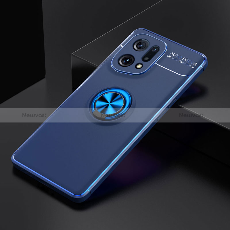 Ultra-thin Silicone Gel Soft Case Cover with Magnetic Finger Ring Stand JM2 for Oppo Find X5 5G Blue