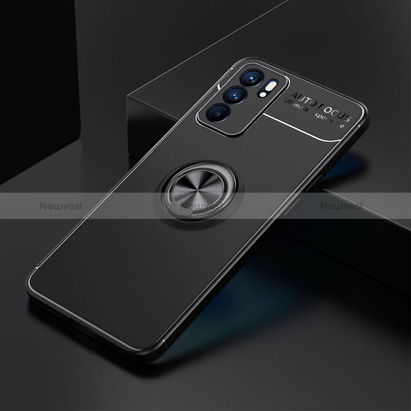 Ultra-thin Silicone Gel Soft Case Cover with Magnetic Finger Ring Stand JM2 for Oppo Reno6 5G Black
