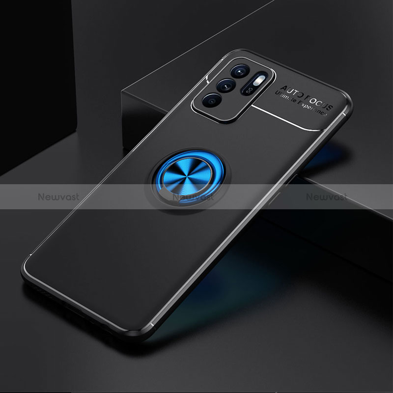 Ultra-thin Silicone Gel Soft Case Cover with Magnetic Finger Ring Stand JM2 for Oppo Reno6 Z 5G Blue and Black