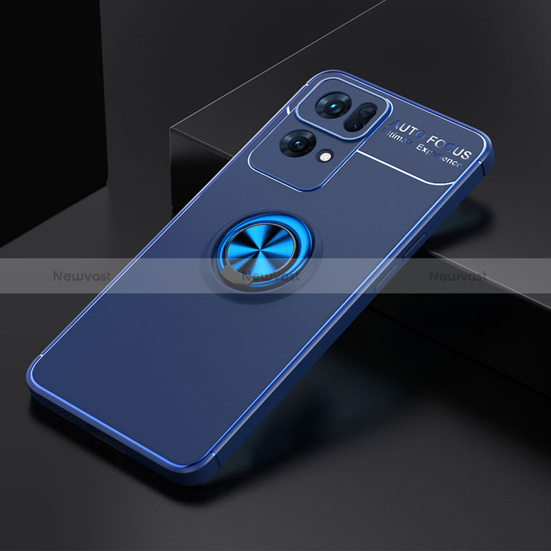 Ultra-thin Silicone Gel Soft Case Cover with Magnetic Finger Ring Stand JM2 for Oppo Reno7 Pro 5G Blue