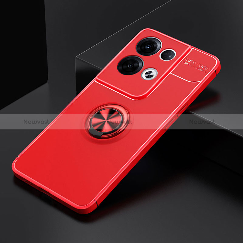 Ultra-thin Silicone Gel Soft Case Cover with Magnetic Finger Ring Stand JM2 for Oppo Reno9 Pro+ Plus 5G Red