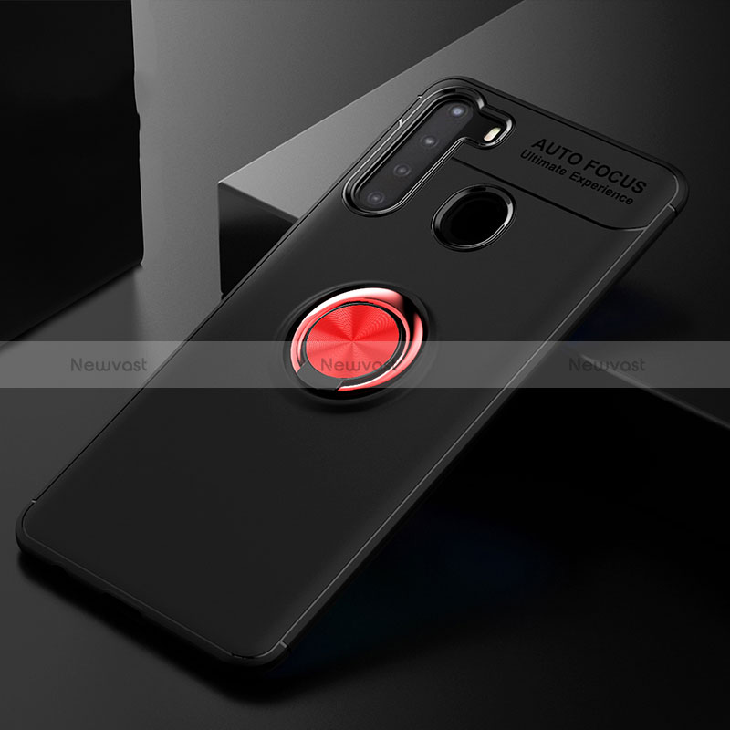 Ultra-thin Silicone Gel Soft Case Cover with Magnetic Finger Ring Stand JM2 for Samsung Galaxy A21 Red and Black
