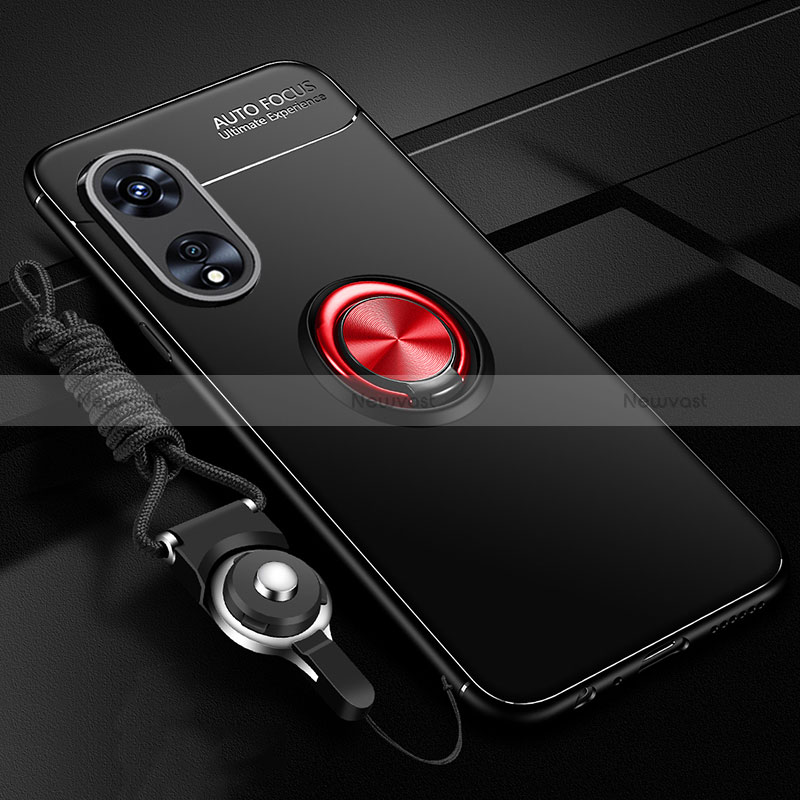 Ultra-thin Silicone Gel Soft Case Cover with Magnetic Finger Ring Stand JM3 for Oppo A58x 5G Red and Black