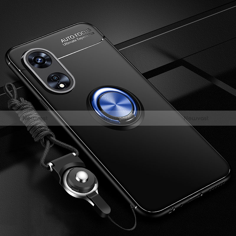 Ultra-thin Silicone Gel Soft Case Cover with Magnetic Finger Ring Stand JM3 for Oppo A78 5G Blue and Black