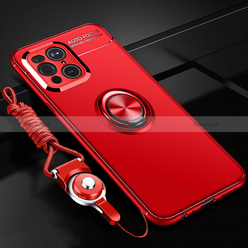 Ultra-thin Silicone Gel Soft Case Cover with Magnetic Finger Ring Stand JM3 for Oppo Find X3 5G Red