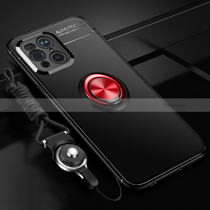 Ultra-thin Silicone Gel Soft Case Cover with Magnetic Finger Ring Stand JM3 for Oppo Find X3 5G Red and Black