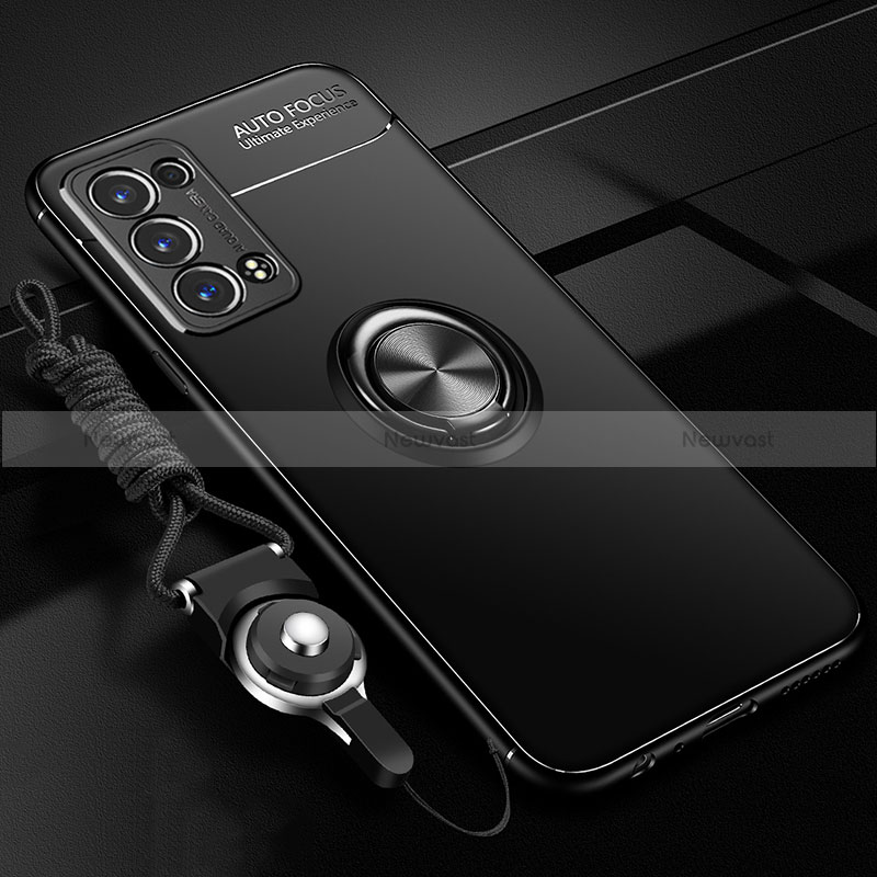 Ultra-thin Silicone Gel Soft Case Cover with Magnetic Finger Ring Stand JM3 for Oppo Reno6 Pro+ Plus 5G Black