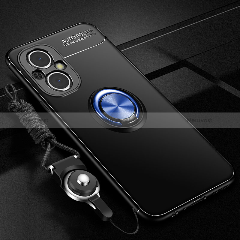 Ultra-thin Silicone Gel Soft Case Cover with Magnetic Finger Ring Stand JM3 for Oppo Reno7 Z 5G Blue and Black