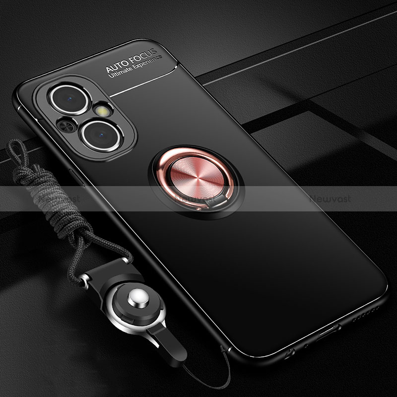 Ultra-thin Silicone Gel Soft Case Cover with Magnetic Finger Ring Stand JM3 for Oppo Reno7 Z 5G Gold and Black