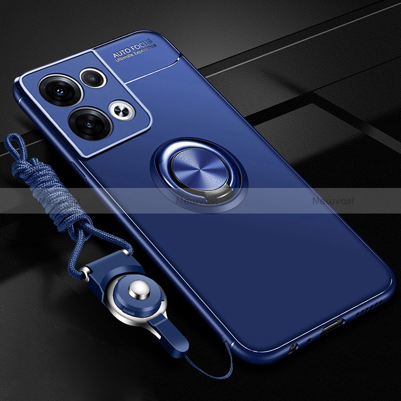 Ultra-thin Silicone Gel Soft Case Cover with Magnetic Finger Ring Stand JM3 for Oppo Reno8 5G Blue