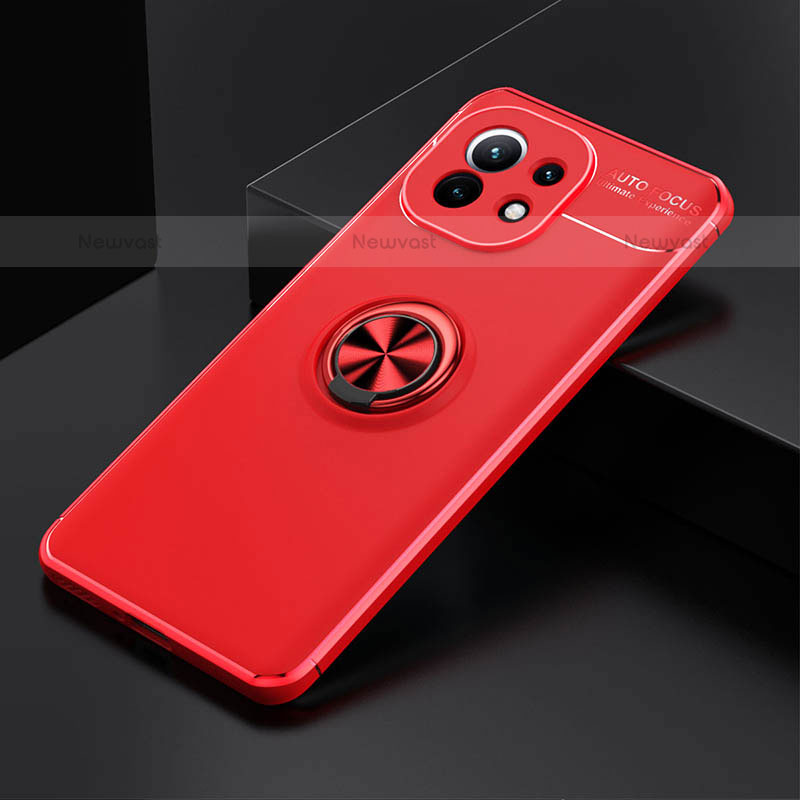 Ultra-thin Silicone Gel Soft Case Cover with Magnetic Finger Ring Stand K01 for Xiaomi Mi 11 5G Red