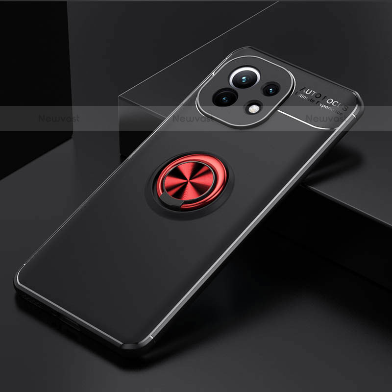 Ultra-thin Silicone Gel Soft Case Cover with Magnetic Finger Ring Stand K01 for Xiaomi Mi 11 5G Red and Black