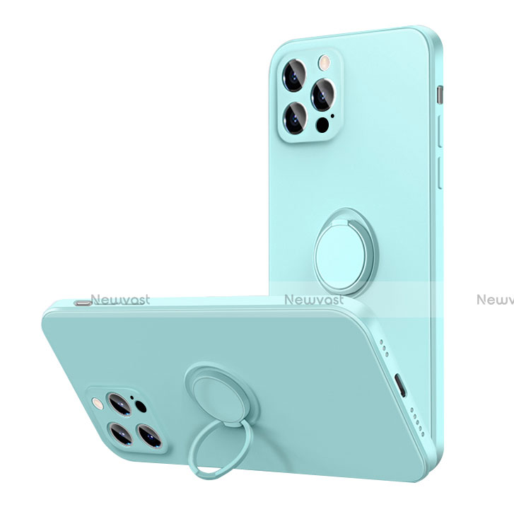 Ultra-thin Silicone Gel Soft Case Cover with Magnetic Finger Ring Stand N01 for Apple iPhone 12 Pro Cyan