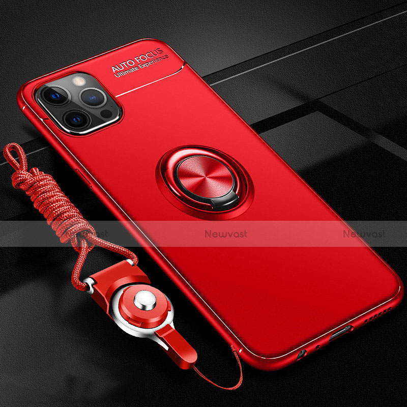 Ultra-thin Silicone Gel Soft Case Cover with Magnetic Finger Ring Stand N03 for Apple iPhone 12 Pro Red