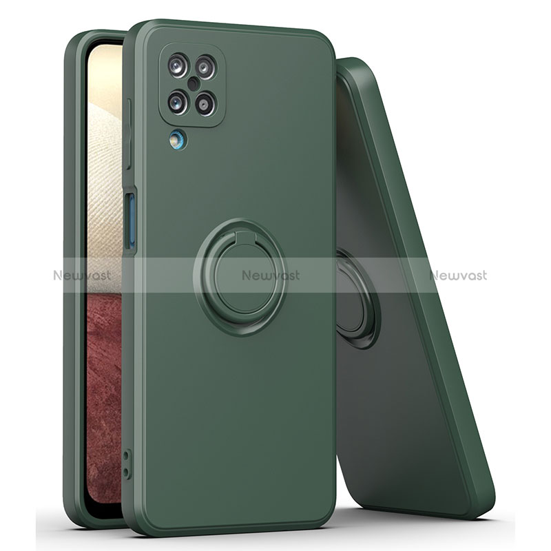 Ultra-thin Silicone Gel Soft Case Cover with Magnetic Finger Ring Stand QW1 for Samsung Galaxy A12 Nacho Midnight Green