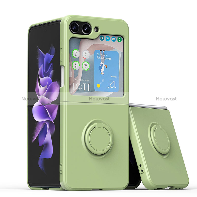 Ultra-thin Silicone Gel Soft Case Cover with Magnetic Finger Ring Stand QW1 for Samsung Galaxy Z Flip5 5G Matcha Green