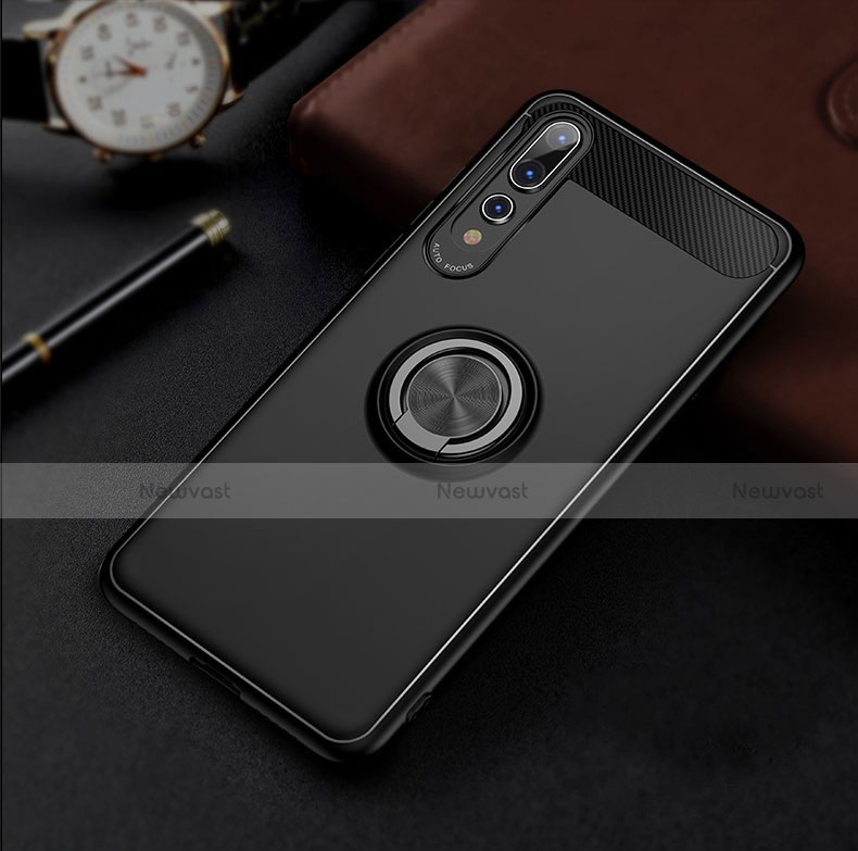 Ultra-thin Silicone Gel Soft Case Cover with Magnetic Finger Ring Stand S01 for Huawei P20 Pro Black