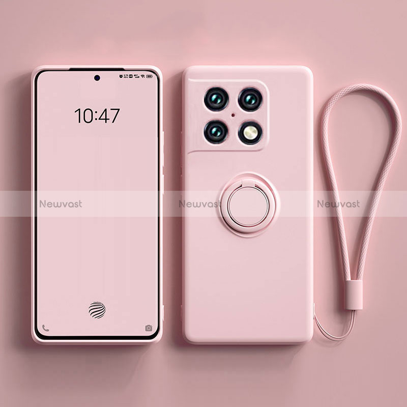 Ultra-thin Silicone Gel Soft Case Cover with Magnetic Finger Ring Stand S01 for OnePlus 10 Pro 5G Pink