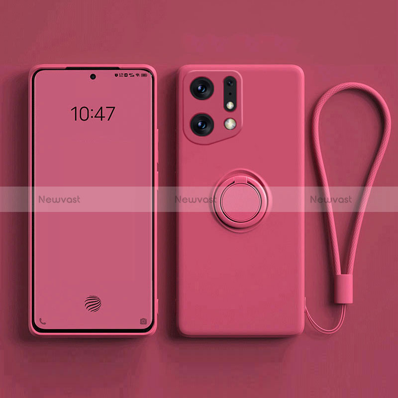 Ultra-thin Silicone Gel Soft Case Cover with Magnetic Finger Ring Stand S01 for Oppo Find X5 5G Hot Pink