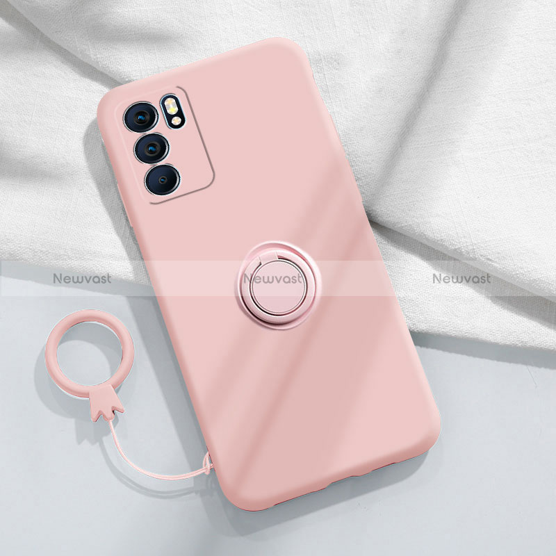 Ultra-thin Silicone Gel Soft Case Cover with Magnetic Finger Ring Stand S01 for Oppo Reno6 Pro 5G India Pink