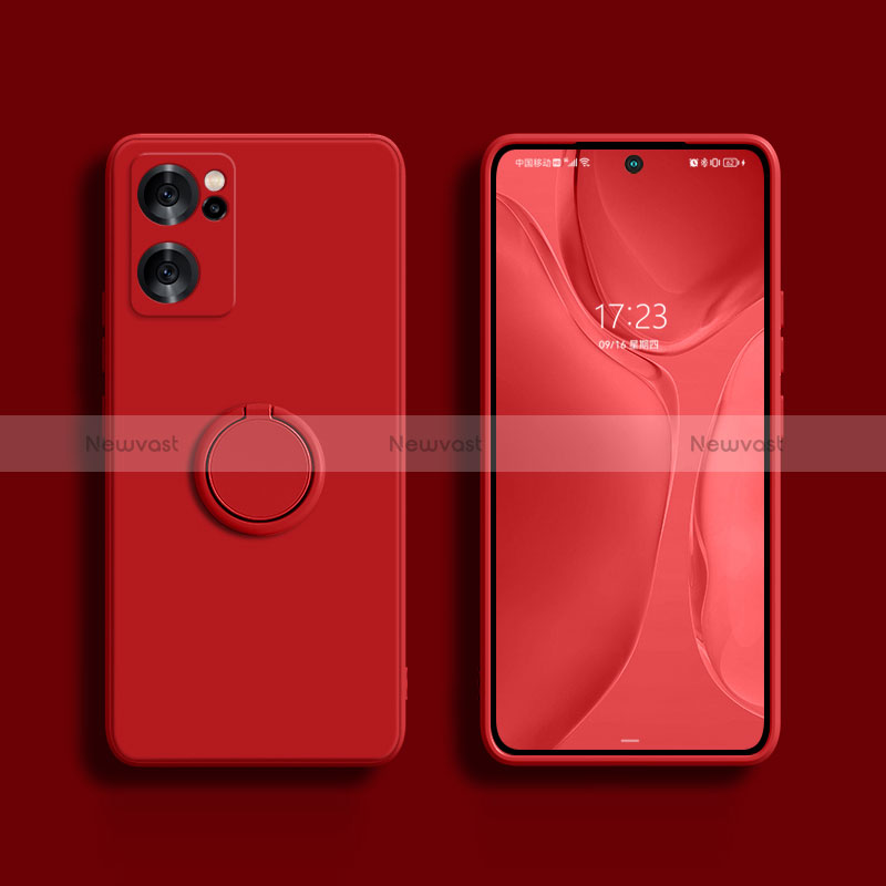 Ultra-thin Silicone Gel Soft Case Cover with Magnetic Finger Ring Stand S01 for Oppo Reno7 SE 5G Red
