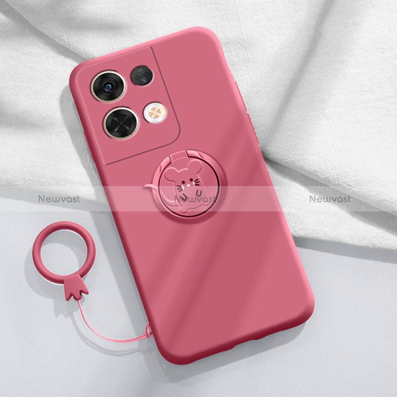 Ultra-thin Silicone Gel Soft Case Cover with Magnetic Finger Ring Stand S01 for Oppo Reno8 5G Hot Pink