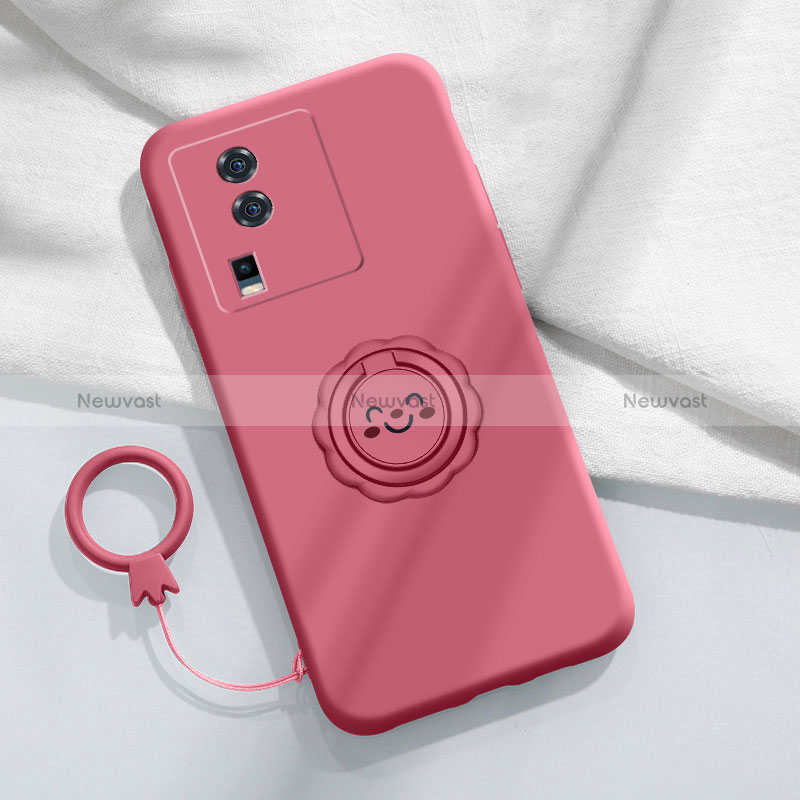 Ultra-thin Silicone Gel Soft Case Cover with Magnetic Finger Ring Stand S01 for Vivo iQOO Neo7 5G Hot Pink