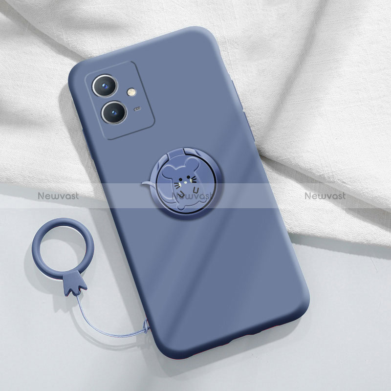 Ultra-thin Silicone Gel Soft Case Cover with Magnetic Finger Ring Stand S01 for Vivo T1 5G India Lavender Gray