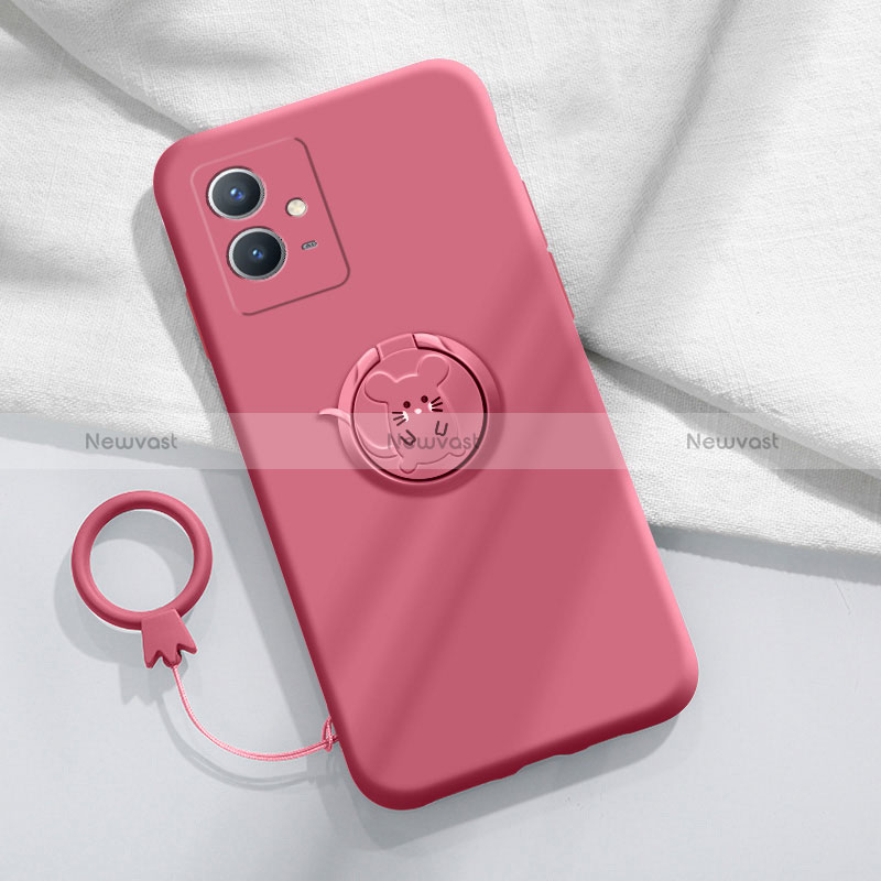 Ultra-thin Silicone Gel Soft Case Cover with Magnetic Finger Ring Stand S01 for Vivo T1 5G India Red