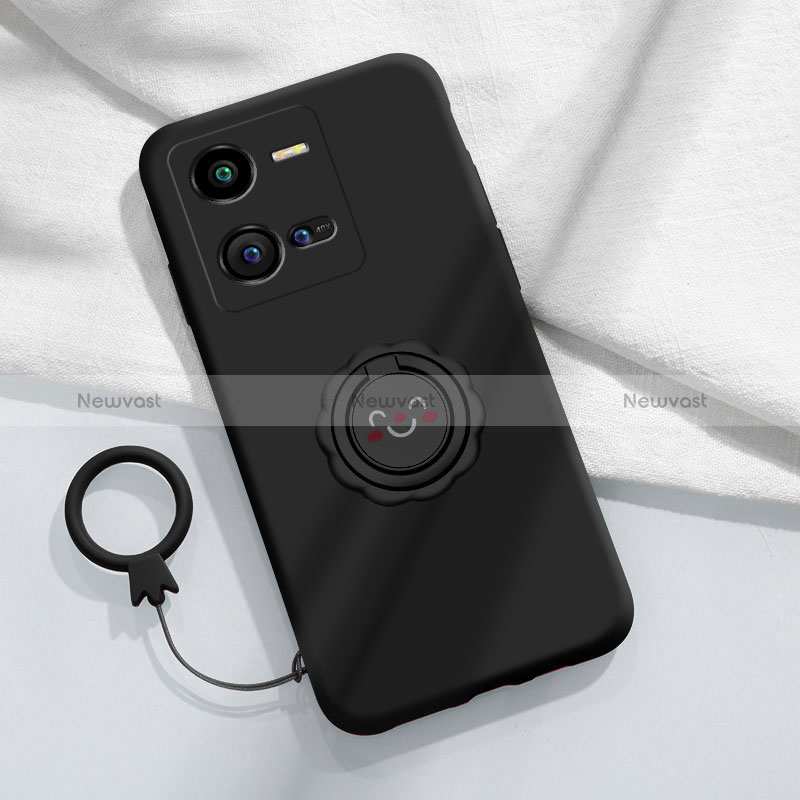Ultra-thin Silicone Gel Soft Case Cover with Magnetic Finger Ring Stand S01 for Vivo V25 5G Black