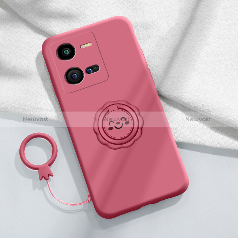 Ultra-thin Silicone Gel Soft Case Cover with Magnetic Finger Ring Stand S01 for Vivo V25 5G Hot Pink