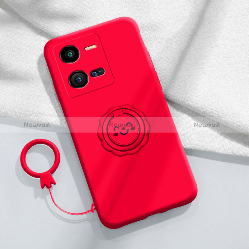 Ultra-thin Silicone Gel Soft Case Cover with Magnetic Finger Ring Stand S01 for Vivo V25 5G Red