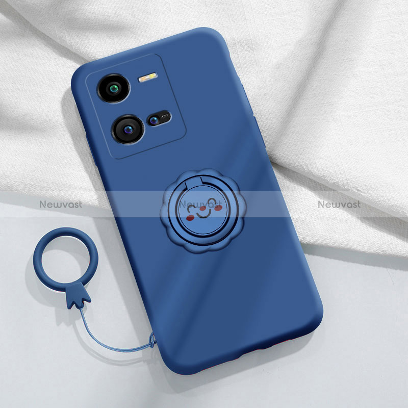 Ultra-thin Silicone Gel Soft Case Cover with Magnetic Finger Ring Stand S01 for Vivo X80 Lite 5G Blue