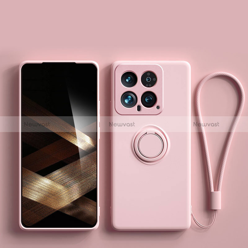 Ultra-thin Silicone Gel Soft Case Cover with Magnetic Finger Ring Stand S01 for Xiaomi Mi 14 Pro 5G Pink