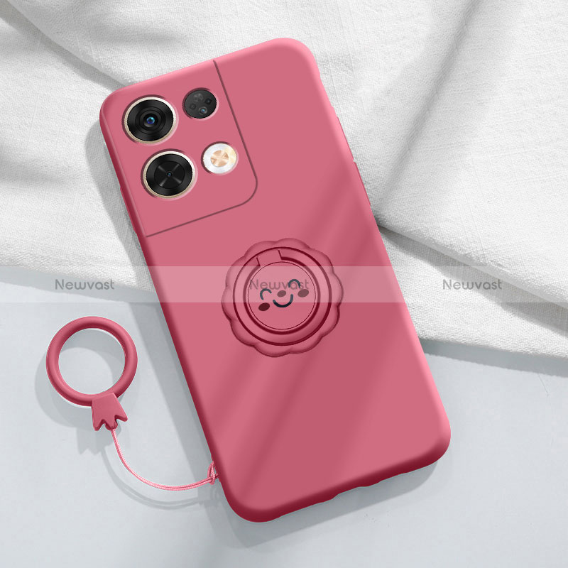 Ultra-thin Silicone Gel Soft Case Cover with Magnetic Finger Ring Stand S01 for Xiaomi Redmi Note 13 Pro 5G Hot Pink