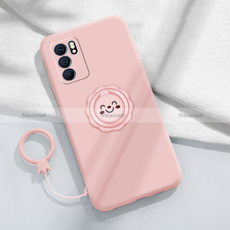 Ultra-thin Silicone Gel Soft Case Cover with Magnetic Finger Ring Stand S02 for Oppo Reno6 5G Pink