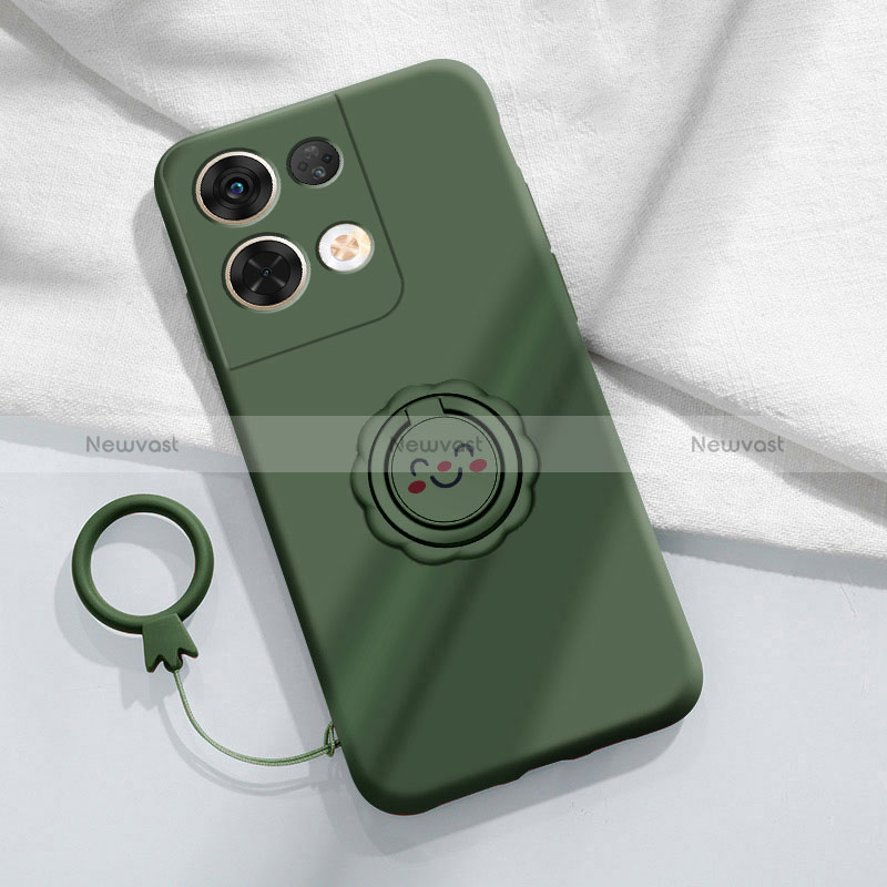 Ultra-thin Silicone Gel Soft Case Cover with Magnetic Finger Ring Stand S02 for Oppo Reno8 Pro 5G Midnight Green