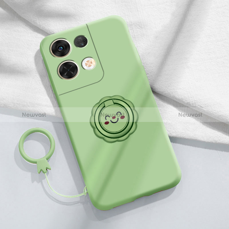 Ultra-thin Silicone Gel Soft Case Cover with Magnetic Finger Ring Stand S02 for Oppo Reno9 5G Matcha Green