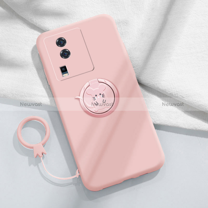 Ultra-thin Silicone Gel Soft Case Cover with Magnetic Finger Ring Stand S02 for Vivo iQOO Neo7 5G Pink