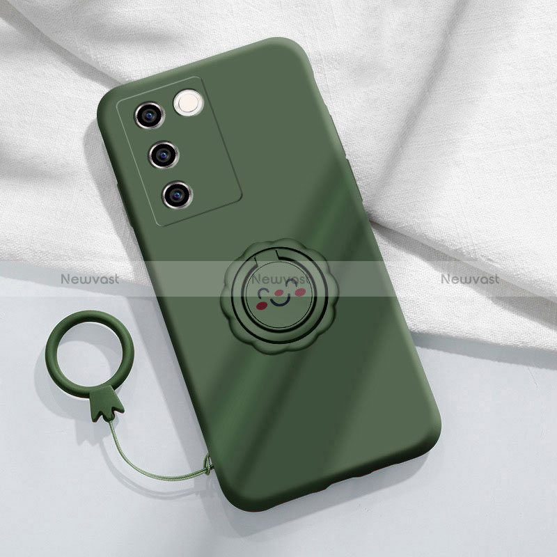 Ultra-thin Silicone Gel Soft Case Cover with Magnetic Finger Ring Stand S02 for Vivo V27 5G Midnight Green