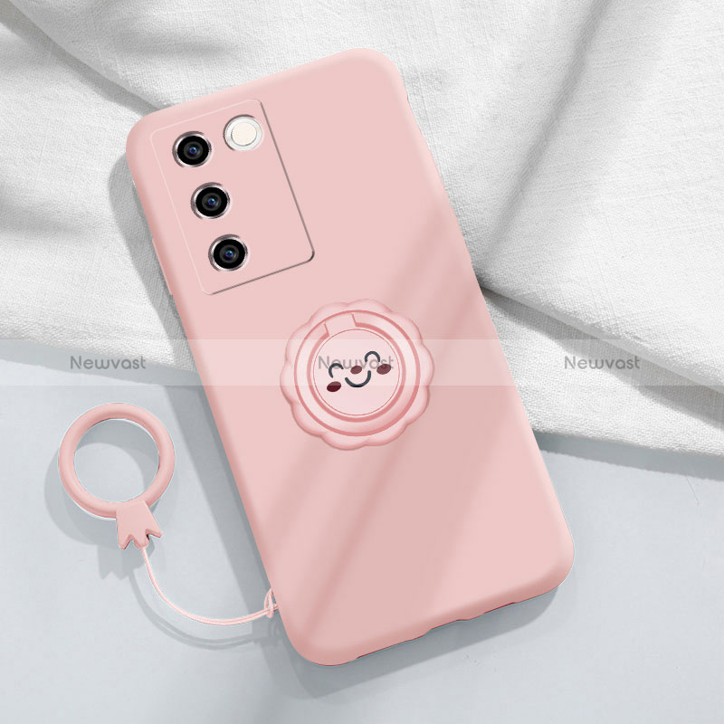 Ultra-thin Silicone Gel Soft Case Cover with Magnetic Finger Ring Stand S02 for Vivo V27 Pro 5G Pink